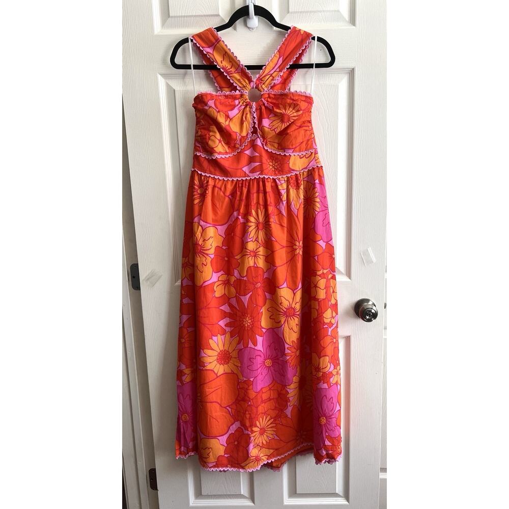 J. MARIE Lizzie Tropical Orange Pink Floral Ric Rac Cross Halter Midi Dress XL - Picture 2 of 15